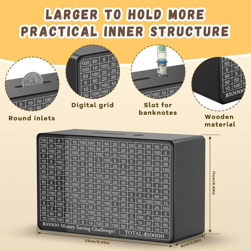 Gomyrod Wooden Money Saving Box, Cash Vault Savings Box for $10000 $5000 $3000 $1000 $800 $500 Target Money Saving Challenge, Reusable Money Box with Counter, Dry Erase Pen/Savings Trackers/Rubber Band-Black - Image 2
